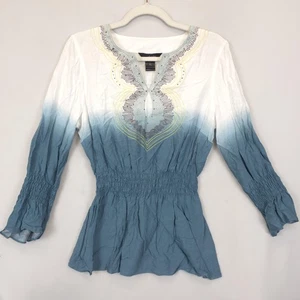 Ali Miles Tunic Top Womens S Ombré Blue White Long Sleeve Embroidered Boho Rayon - Picture 1 of 11