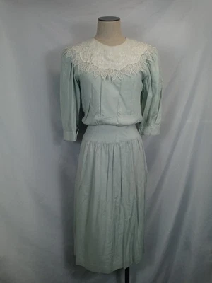 Vintage 80s Lanz Originals Sage Green Dress Large Lace Collar Cottagecore Midi - Image 1 of 4