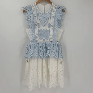 Self-Portrait Embroidered Frill Mini Dress Pockets White Baby Blue Women US 6 - Picture 1 of 11