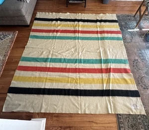 Vintage 40s Polar Star Golden Dawn Camp Blanket 100% Wool Striped 74x83 - Picture 1 of 11