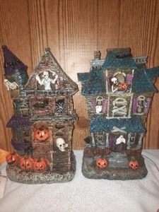 2x Halloween Spooky Village 10" inch LED Lighted Haunted House Skeleton Mummies - Picture 1 of 10