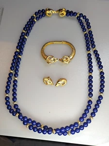 Kenneth Jay Lane KJL Conjunto Oro Cabeza de Carnero Azul Cuentas Pulsera Collar Pendientes - Imagen 1 de 15