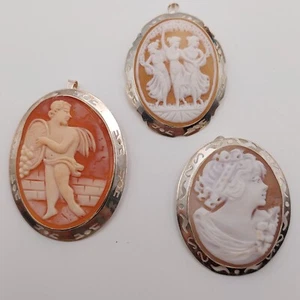 Italian hand carved shell cameo pendant and pin, sterling silver - Picture 1 of 9