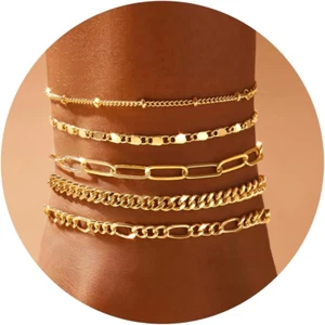 Ankle Bracelets for Women, 14K Gold Jewelry Set Waterproof Layered Cuban Figaro - Picture 1 of 12