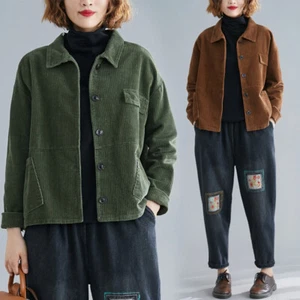 Women Corduroy Coat Jacket Pockets Button Loose Casual Lapel Cardigan Top - Picture 1 of 14