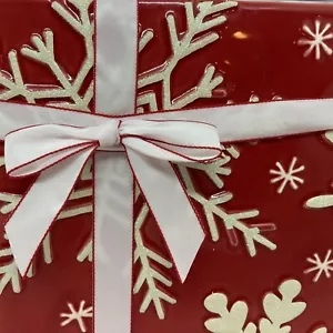 FTD Red Snowflake Holiday Present Planter W/ Insert & Bow 6 1/2 “X 6 “X 2 “ - Picture 1 of 10