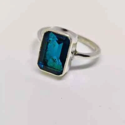 蓝色黄玉宝石 925 纯银戒指 美丽珠宝 所有尺寸 C578 — 第 1/4 张图片