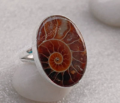 Anel Fóssil de Ammonite Feito à Mão em Prata Esterlina 925 Joias de Declaração B253 - Imagem 1 de 4