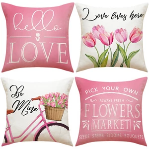4 PCS Valentine's Day Pillow Covers Pink Flowers Sofa Cushion Covers Home Decor - Picture 1 of 7