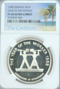 1988 JAMAICA SILVER 10 DOLLARS YEAR OF THE WORKER NGC PF 68 ULTRA CAMEO SCARCE  - Picture 1 of 4