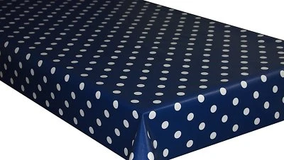 Plain Navy Blue White Polka dots Spots PVC Plastic Vinyl Table Cloth wipeclean - Image 1 of 2