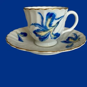 Demitasse Teetasse Untertasse Nippon Yoko Boeki CO. Gold Blau Iris Japan Vintage - Bild 1 von 10