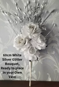 60CM, HANDMADE ARTIFICIAL SILK, WHITE & SILVER GLITTER FLOWER BOUQUET, NO VASE - Picture 1 of 5