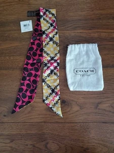 COACH Daisy Plaid Logo 100% Silk Pony Tail Scarf Neck Tie Purse Hair NEW NWT - Picture 1 of 9