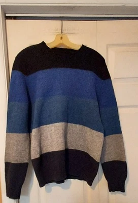 Express Lambs Wool Sweater Gray Black  Blue Colorblock Stripe Pullover Preppy Lg - Image 1 of 4