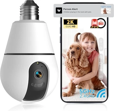 Light Bulb Security Camera, 2.4G/5GHz WiFi 2K Security Cameras Wireless Outdoor - Image 1 of 4