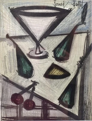 Arte litográfico original firmado cerezas frutales bodegón Bernard Buffet 1968 Foto 1 de 2