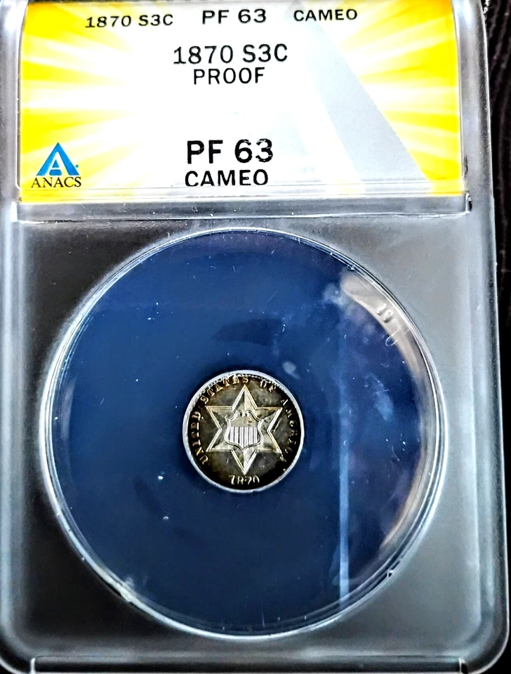 1870 3C Silver PR 63 Cameo Very PQ  Natural Toning Scarce Proof Trime ANACS - Image 1 of 4