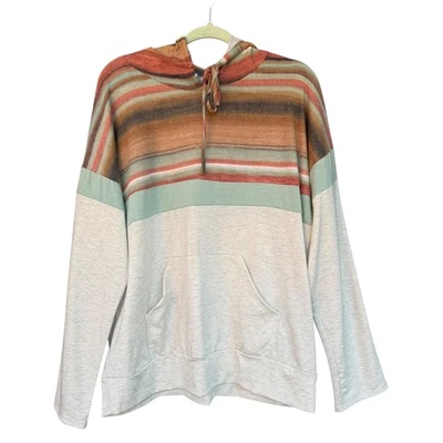 Southwestern Stripe Hoodie Womens Large Gray Sage Kangaroo Pocket Made in USA - Image 1 of 4