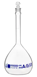 Eisco Labs 2000ml Volumetric Flask with Glass Stopper, Class A - Blue Graduation - Picture 1 of 1
