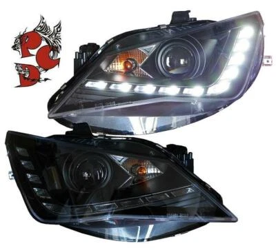 SCHEINWERFER SEAT IBIZA 6J FACELIFT 12-15 SCHWARZ TAGFAHRLICHT-OPTIK FR-LOOK SET - Bild 1 von 3