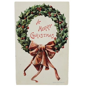 A Merry Christmas Holly & Berry Wreath with Large Bow 1907 Postcard Cancel Stamp - Bild 1 von 7