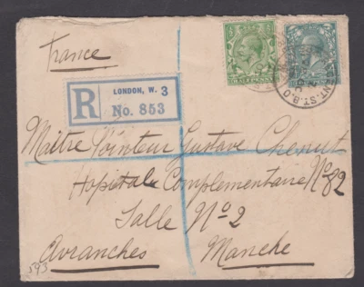 GB KGV 1916 France Cover Avranches cds WW1 1/2d Green & 4d SG 380 Registered - Image 1 of 2