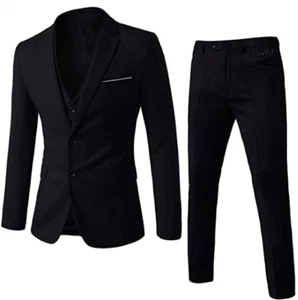 Kudoro Men's Suit Slim Fit 3 Piece Black XL 44R 38W Notch Lapel 2 Button - Picture 1 of 3