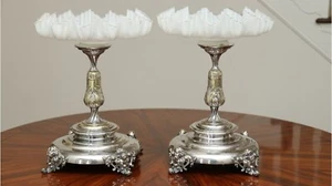 2 Large Vintage Silver Plated Footed w Glass Pedestals Bowls by Hacker Austria  - Picture 1 of 12