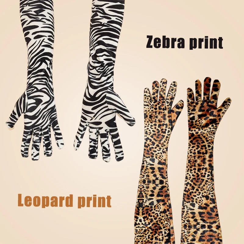 Leopard Print Velvet Dinner Dress Gloves Opera Ball Stage Full Finger Long Glove - Image 1 of 4