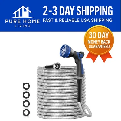 50ft Stainless Steel Garden Hose - Durable, Non-Kink, Heavy Duty Water Solution - Image 1 of 4