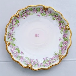 Antique A.Lanternier Limoges Porcelain Plate-Violets-Moriage Trim-Handpainted - Picture 1 of 11