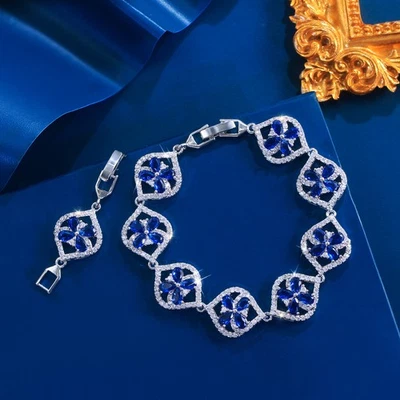 Brazalete de tenis plateado con hoja de flor grande boda circón cúbico joyería para mujer Foto 1 de 4