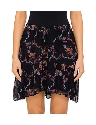 IRO NWT Mini Skirt Lilie Floral Printed Black Pink Rufflle 6 38 - Image 1 of 4