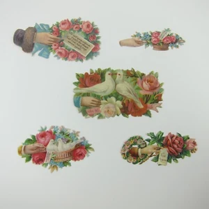 Rottami fustellati vittoriani mani fiori rosa colomba uccellini lotto di 5 antichi in rilievo - Foto 1 di 16