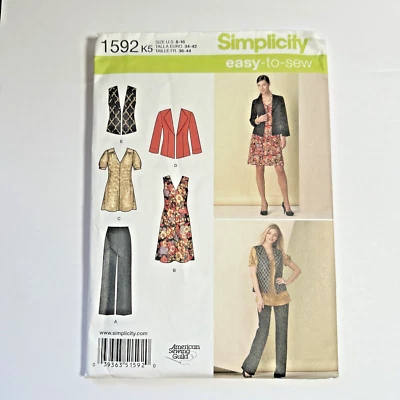 Simplicity Pattern 1592 Misses Pants~V-Neck Dress or Tunic~Jacket~Vest Sz 8-16 - Image 1 of 4