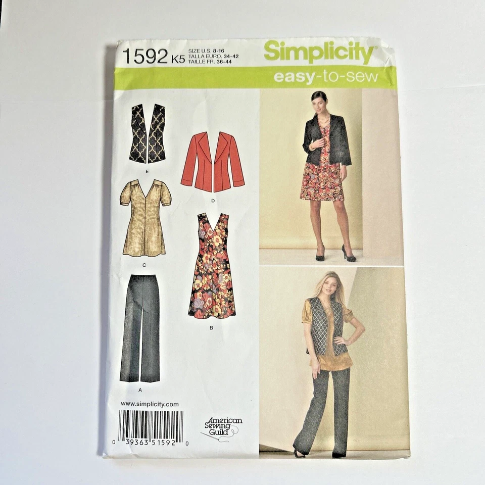 Simplicity Pattern 1592 Misses Pants~V-Neck Dress or Tunic~Jacket~Vest Sz 8-16 - Image 1 of 4