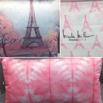 6pc Nicole Miller Paris FULL Sheet Set Decor Accent Pillow Eiffel Tower Hot Pink - Image 1 of 4