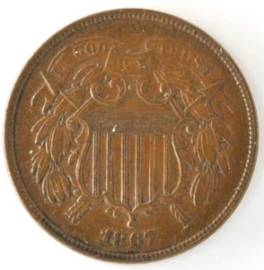 1867 Shield Two Cents US Bronze Coin Philadelphia Mint Post Civil War Era Coin - Picture 1 of 2