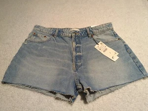 Zara Denim Shirt Shorts Sz 14 Zip Up Blue Raw Hem Distressed - Picture 1 of 11