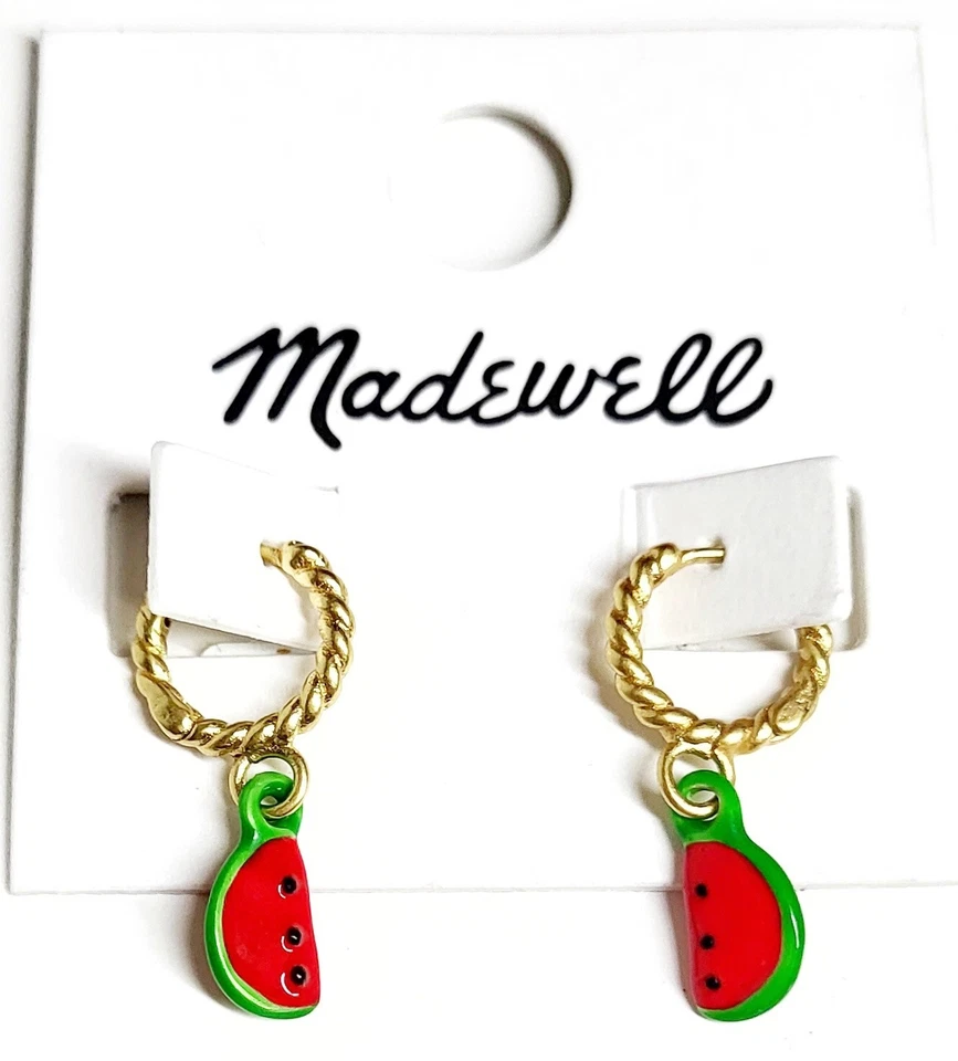 Madewell Enamel Watermelon Huggie Hoop Earrings Coral Reef Nickel Safe NK600 NWT - Image 1 of 4