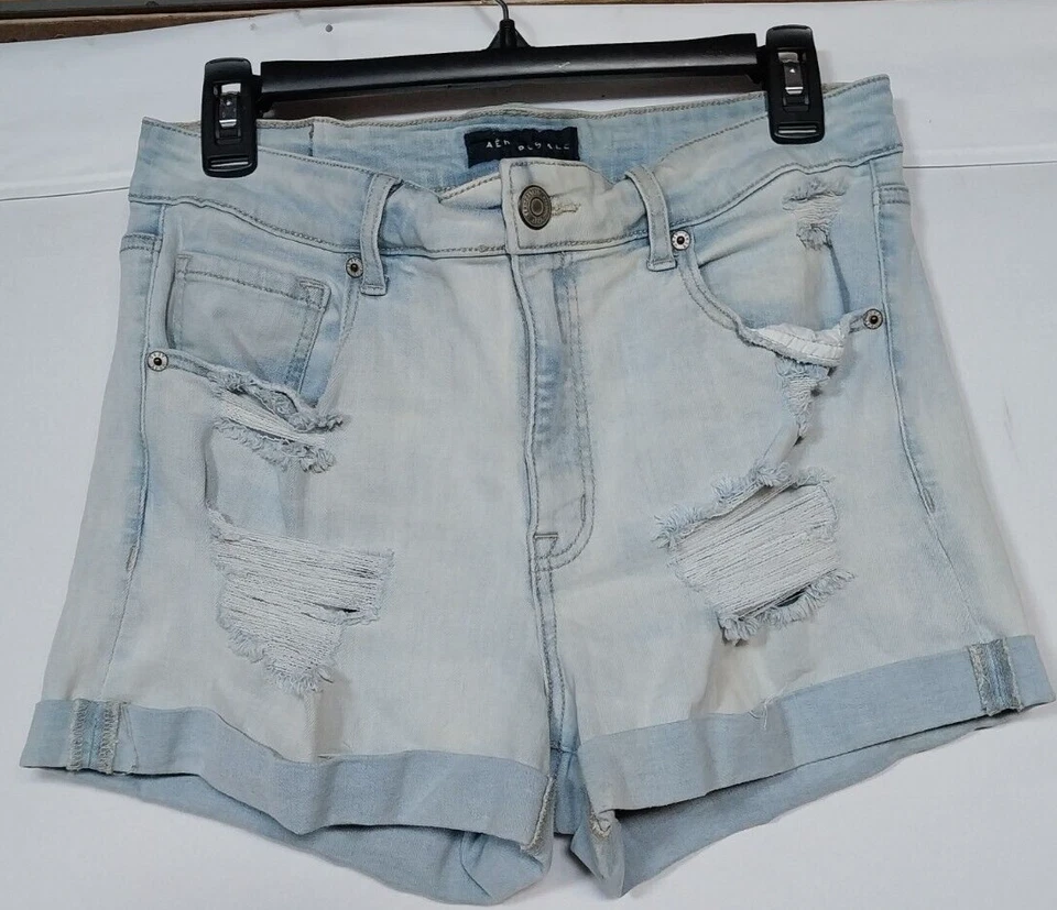 Pantalones Cortos Aeropostale Tiro Alto Midi Jeans Azul Envejecido Mujer Talla 14 Deshilachados Foto 1 de 4