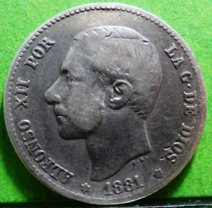 ALFONSO XII, 1 Peseta, 1881 Stars - -(81) Silver, SPAIN - Picture 1 of 2