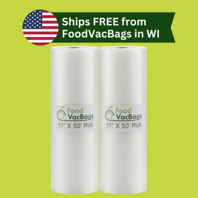 Two 11"X50' FoodVacBags Vacuum Seal Bags Rolls Food Storage Bulk 100' Feet!