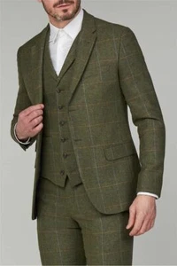 Men Suit Green Plaid Wool Herringbone Tweed Vintage Check Groom Tuxedo Wedding - Picture 1 of 10