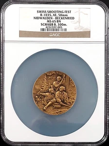 Swiss Shooting Medal, R-1035, AE, 50 mm, Nidwalden-Beckenried, NGC MS 65 BN! - Picture 1 of 6