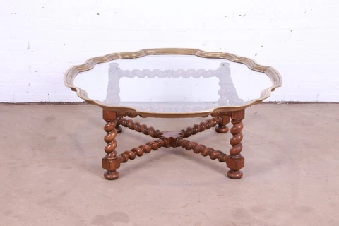 Baker Furniture English Oak Barley Twist Cocktail Table With Scalloped Brass Cover