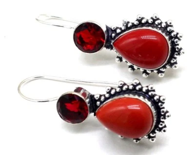 Brinco de prata esterlina 925 com pedra preciosa de coral vermelho feito à mão P-1,50"" - Imagem 1 de 4