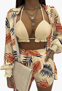Women Hawaiian 3 Piece Outfit Set - Floral Print Blouse Casual Mini Shirt Summer - Picture 1 of 7