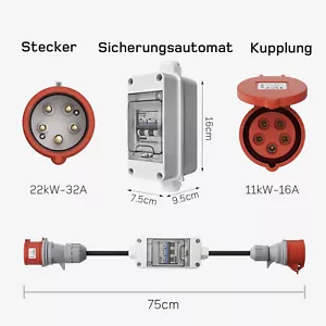CEE Adapter Starkstrom 32A auf 16A mit C16A 3-poliger Absicherung H07RN-F Kabel - Bild 1 von 8